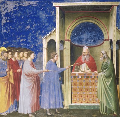 I pretendenti della Vergine presentano le loro verghe al Tempio da Giotto di Bondone